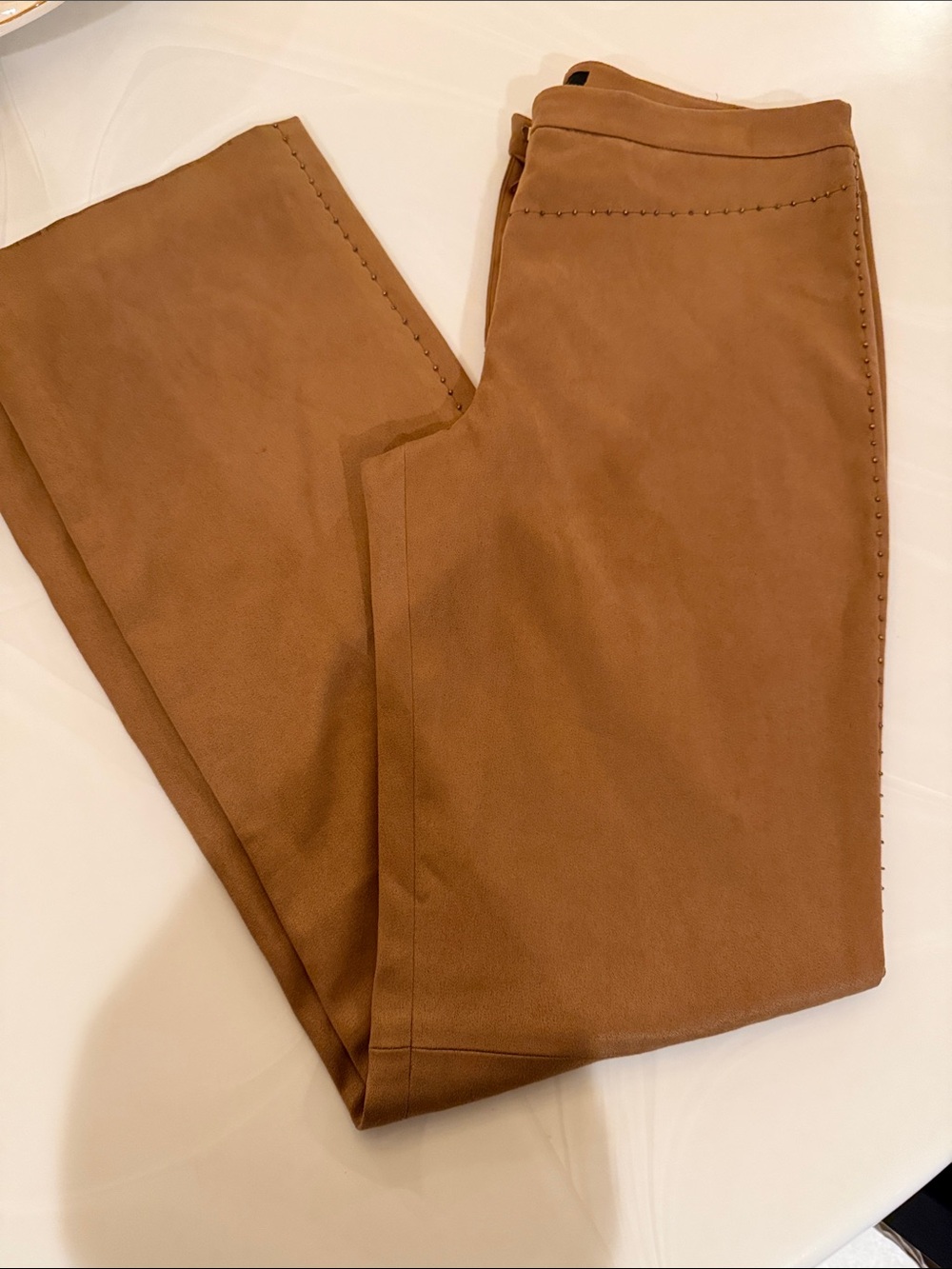 BCBG MAXAZRIA Suede like cocoa Pants with bronze metal details Size 4